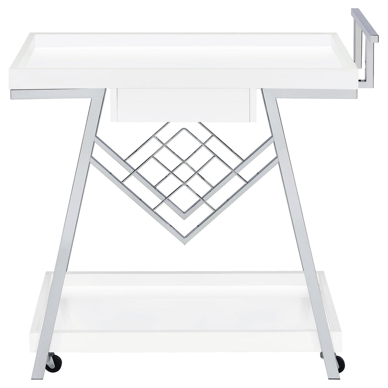 Coaster Furniture Kinney 181024 2-Tier Bar Cart with Storage Drawer - White High Gloss/Chrome IMAGE 7