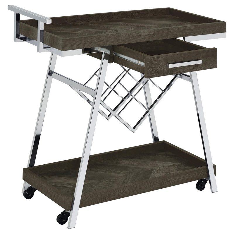 Coaster Furniture Kinney 181025 2-Tier Bar Cart with Storage Drawer - Rustic Grey/Chrome IMAGE 3